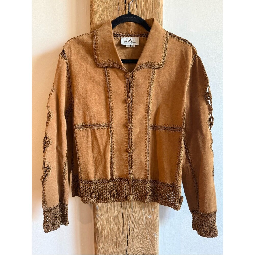 Scully Suede Leather Western Patchwork Flower Embroidered Jacket Brown Sz Large